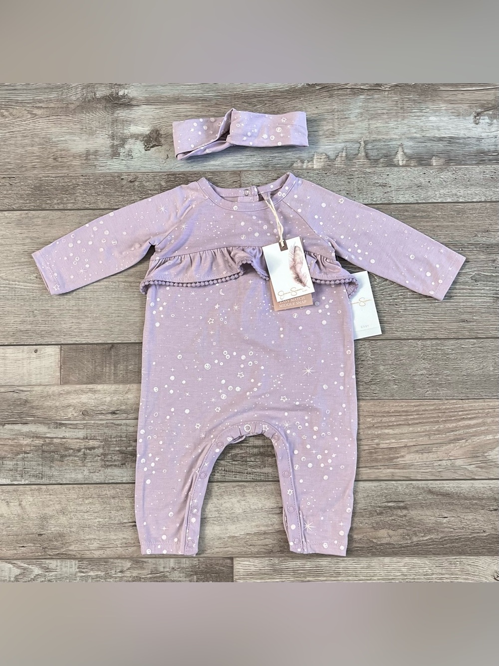 NWT Jessica Simpson Lavender Moondust Coverall and Headband Set Size 3/6 Months